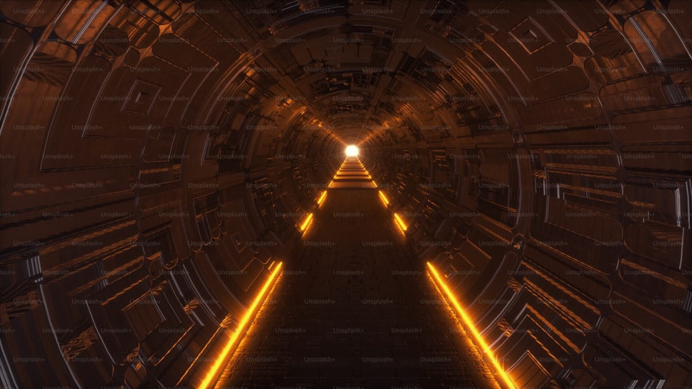 ニーオンライトを備えた未来的な暗いトンネル。SFとファンタジーのコンセプト。これは3Dレンダリングイラストです。