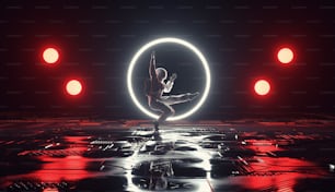 Astronauta dança com luzes de néon atrás. Realidade virtual e conceito futurista de ficção científica. Esta é uma ilustração de renderização 3D.