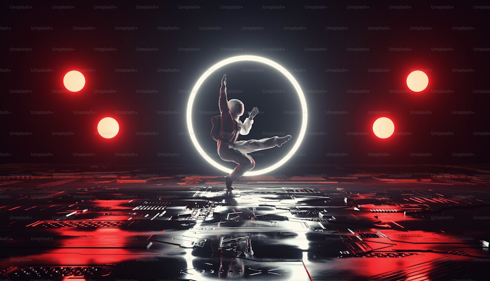 Astronaut dances with neon lights behind . Virtual reality and futuristic sci fi concept . This is a 3d render illustration .