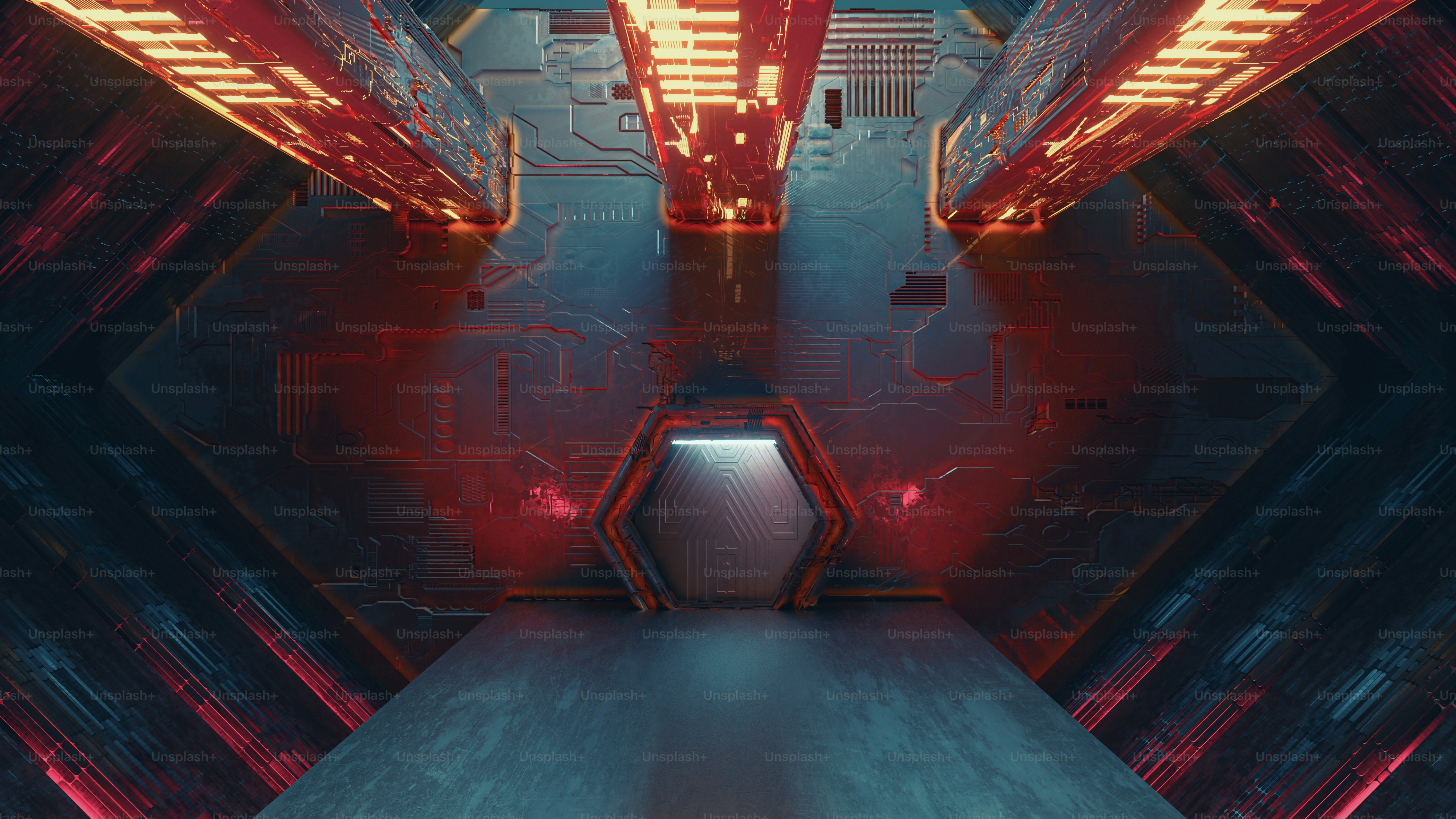 Interior futurista de um salão para um portão. Conceito de fantasia de ficção científica. Esta é uma ilustração de renderização 3D