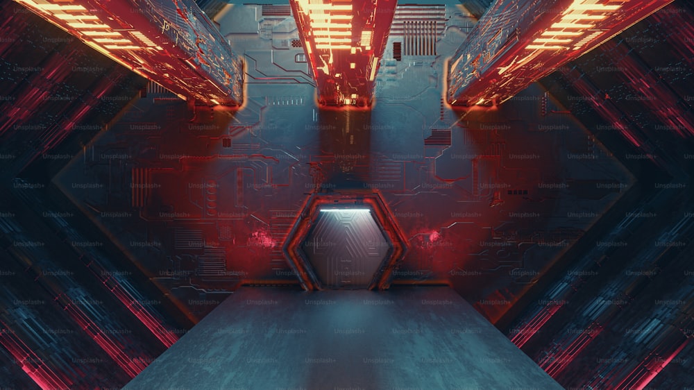 Futuristic interior of a hall to a gate. Sci fi fantasy concept . This is a 3d render illustration .