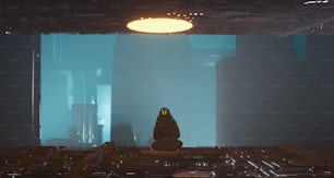 Astronaute assis sur une structure futuriste dans une ville dystopique. Concept de science-fiction et de fantaisie. Il s’agit d’une illustration de rendu 3D.
