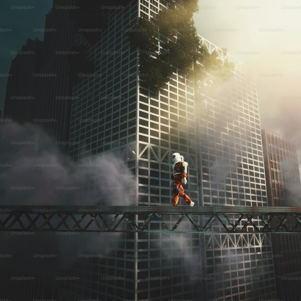 Astronaut walks on a rusty structure at a dystopian city . Fantasy and sci fi concept . This is a 3 d render illustration .