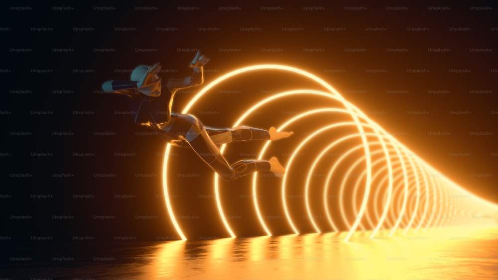 Mulher futurista flutuando através de um túnel de néon. Sci fi e conceito de metaverso. Esta é uma ilustração de renderização 3D.