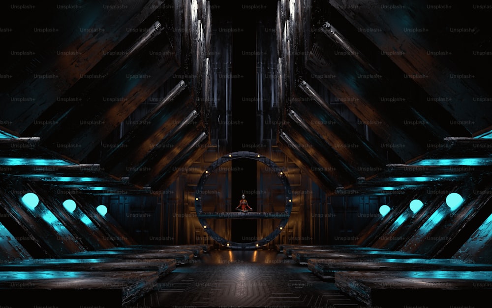 Futuristic dark hall . Dystopia and fantasy concept . This is a 3d render illustration .
