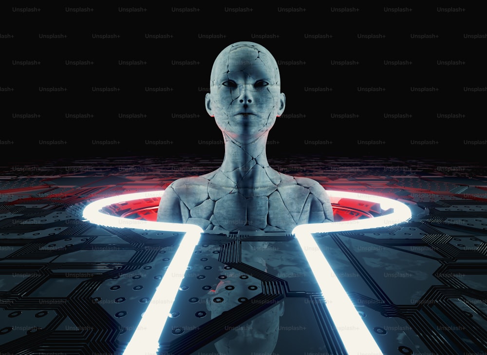 Robot en béton sur une structure futuriste avec néon . Intelligence artificielle et concept d’innovation futuriste. Il s’agit d’une illustration de rendu 3D.