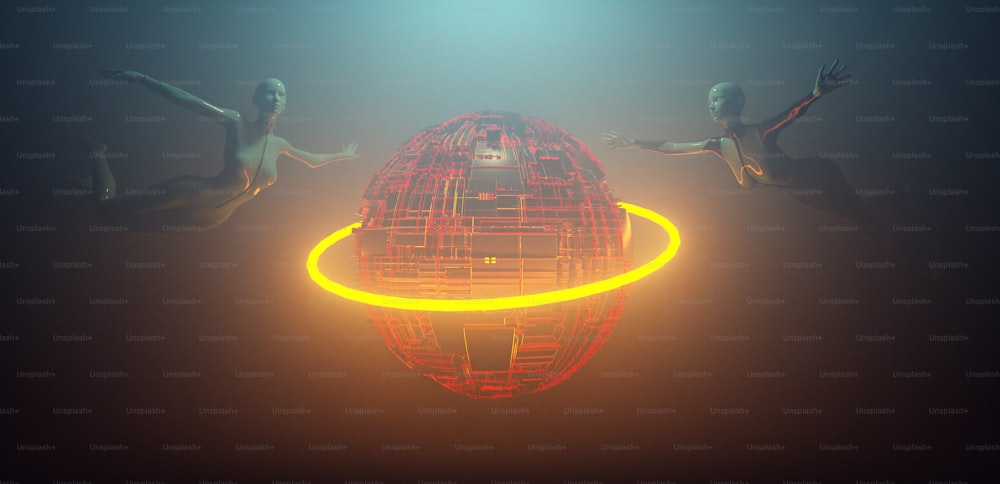 Two women floating arroung a futuristic sphere . Virtual reality concept . This is a 3d render illustration .