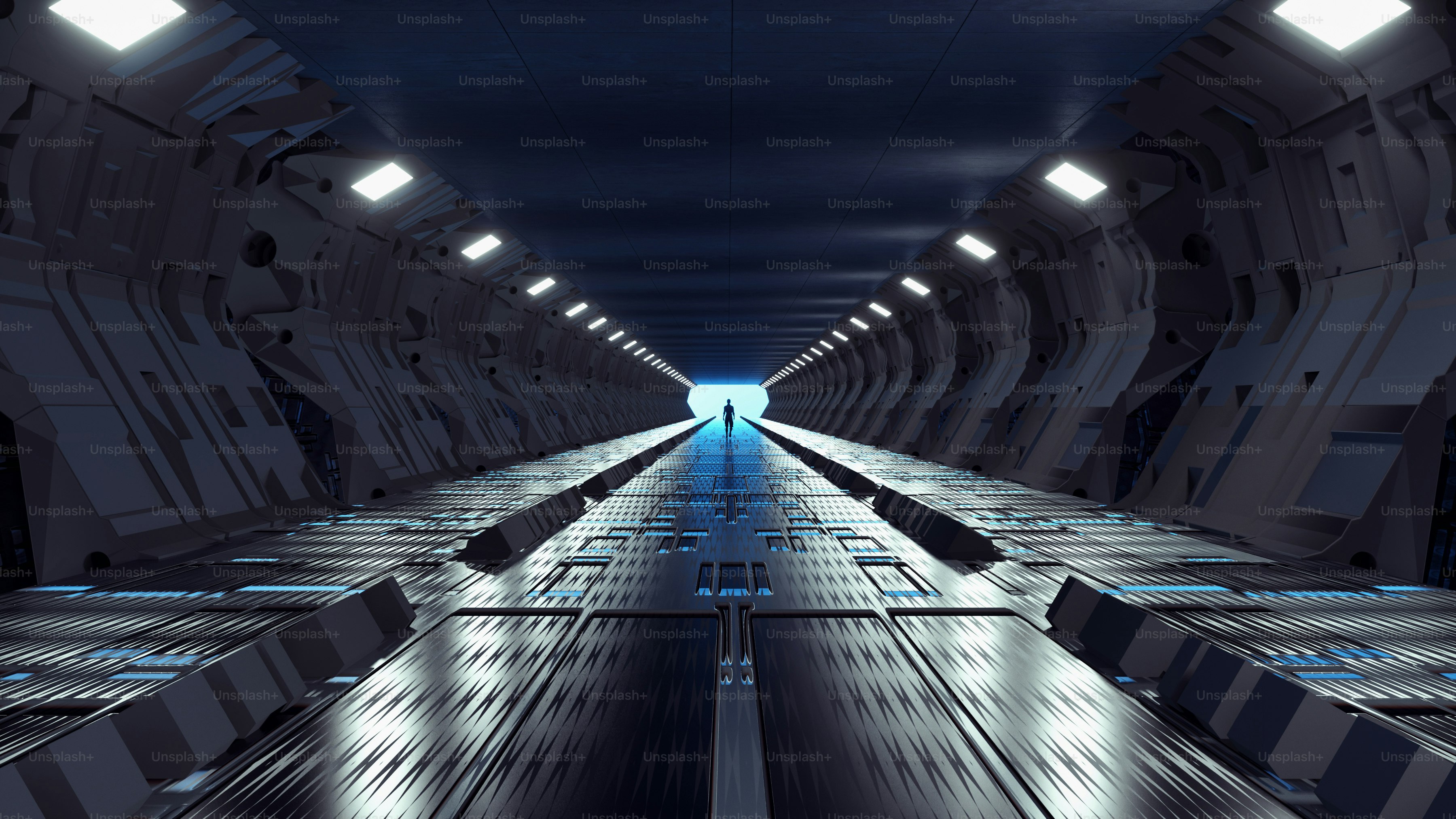 Dark sci fi tunnel with neon lights . Futuristic and fantasy concept ...