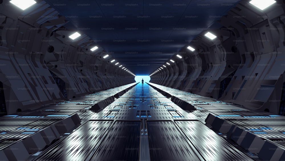 네온 불빛이 있는 어두운 공상 과학 터널. 미래적이고 판타지적인 개념. 이것은 3D 렌더링 그림입니다.