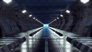 Dark sci fi tunnel with neon lights . Futuristic and fantasy concept . This is a 3d render illustration .