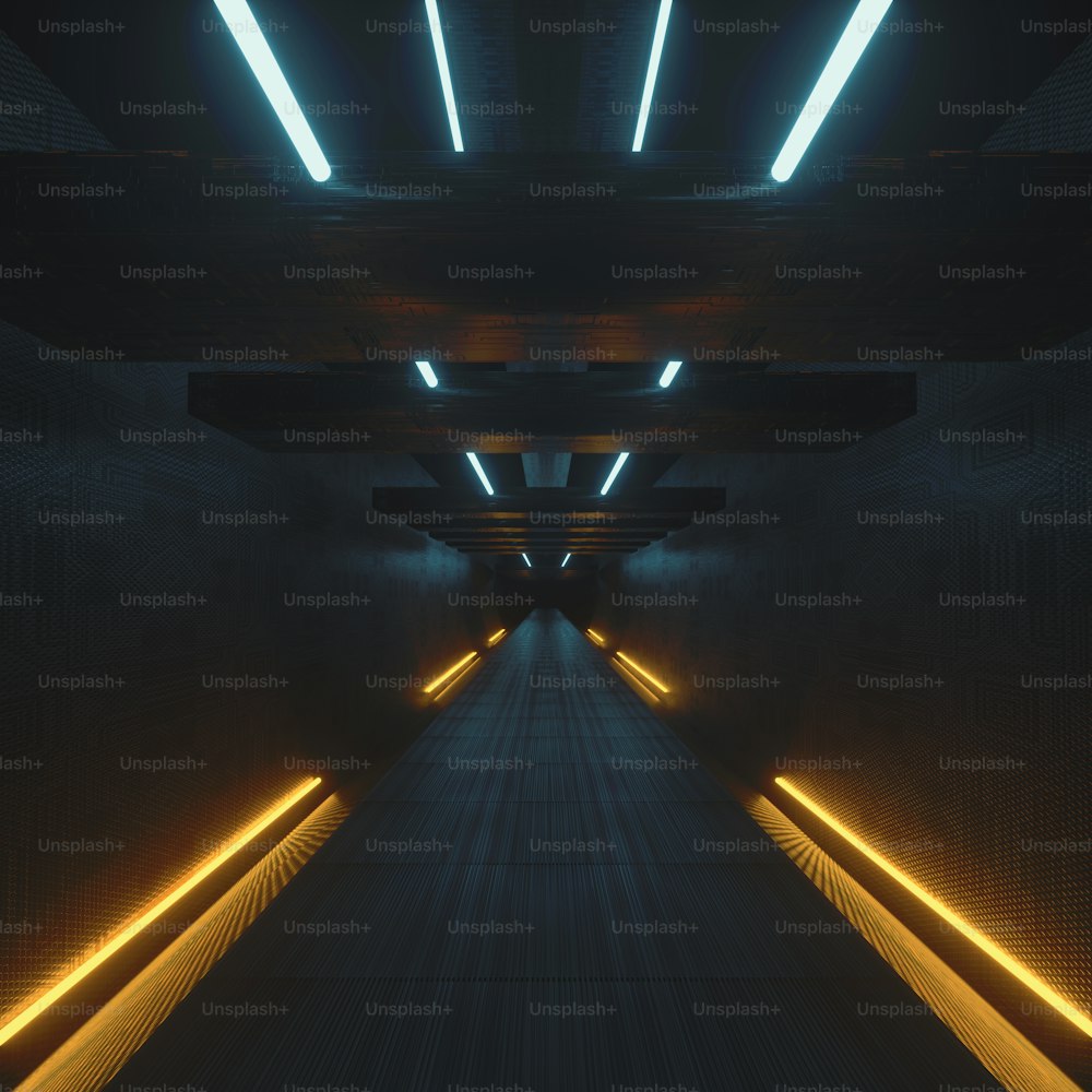 Dark sci fi tunnel with neon lights . Futuristic and fantasy concept . This is a 3d render illustration .