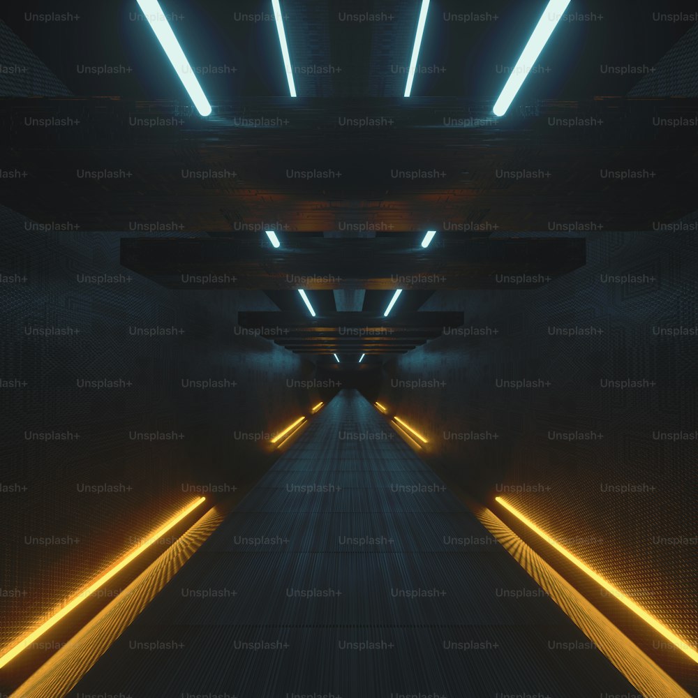 Túnel de ficção científica escuro com luzes de néon. Conceito futurista e de fantasia. Esta é uma ilustração de renderização 3D.