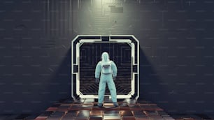 宇宙船のゲートの前にいる宇宙飛行士。サイエンスフィクションとファンタジーのコンセプト。これは3Dレンダリングイラストです。
