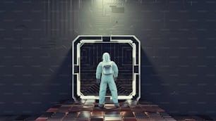 Astronaut in front of a gate at a spacecraft . Science fiction and fantasy concept . This is a 3d render illustration .