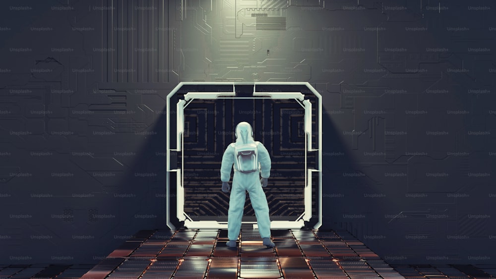 Astronaut in front of a gate at a spacecraft . Science fiction and fantasy concept . This is a 3d render illustration .