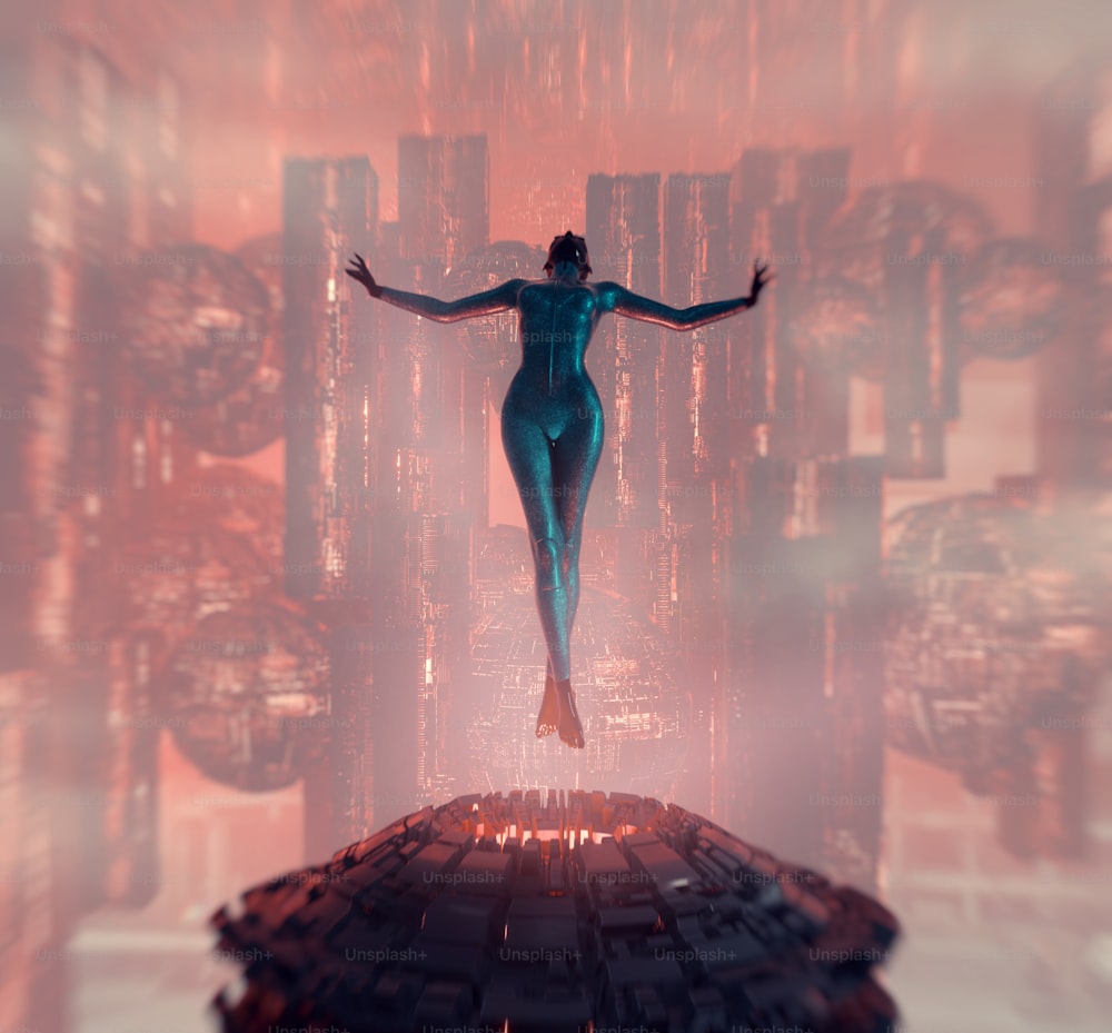 Moscas humanoides abstractas en una ciudad oscura futurista. Concepto de fantasía y ciencia ficción. Esta es una ilustración de renderizado 3d.