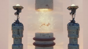 Robot vuela a través de un tubo en una ciudad oscura futurista. Concepto de fantasía y ciencia ficción. Esta es una ilustración de renderizado 3d.