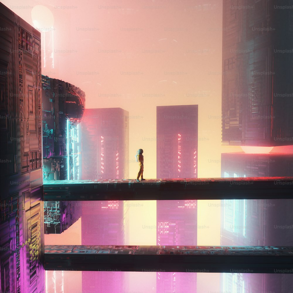 Astronauta cammina sulla struttura in una città futuristica. Concetto distopico e fantascientifico . Questa è un'illustrazione di rendering 3d.