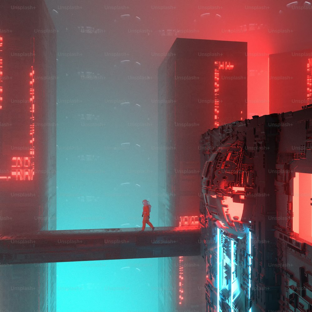 Astronauta caminha sobre estrutura em uma cidade futurista. Conceito distópico e de ficção científica. Esta é uma ilustração de renderização 3D.