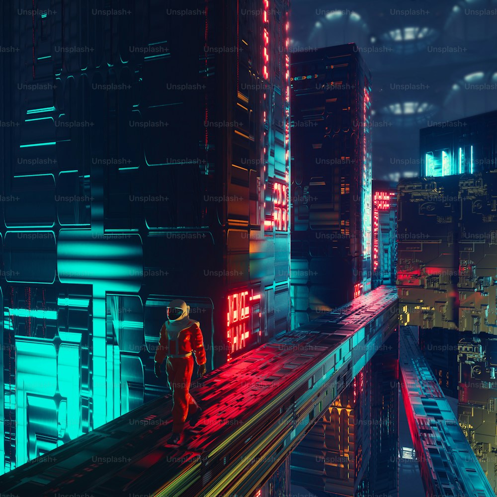 Astronauta cammina sulla struttura in una città futuristica. Concetto distopico e fantascientifico . Questa è un'illustrazione di rendering 3d.