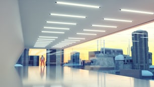 Astronauta de pé em uma sala moderna e olhando para a cidade futurista. Conceito de tecnologia do futuro . Esta é uma ilustração de renderização 3D.