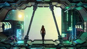 Cidade distópica com uma mulher de pé na estrutura. Conceito de ficção científica . Esta é uma ilustração de renderização 3D.