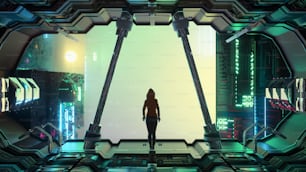 Dystopian city with a woman standing on structure . Sci fi concept . This is a 3d render illustration .