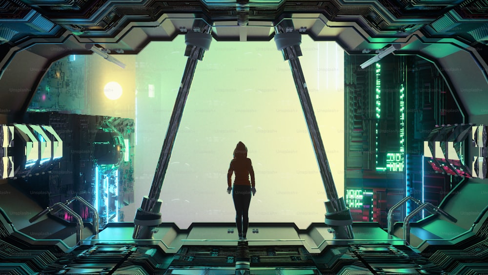Ciudad distópica con una mujer de pie sobre la estructura. Concepto de ciencia ficción. Esta es una ilustración de renderizado 3d.