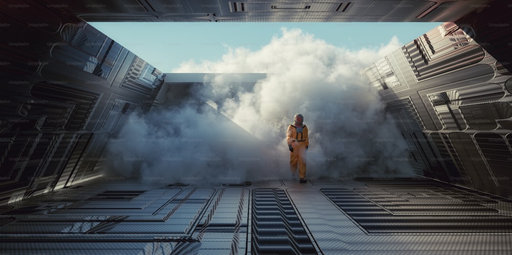 Un cosmonaute marche sur un vaisseau spatial. Futur et concept de science-fiction. Il s’agit d’une illustration de rendu 3D.