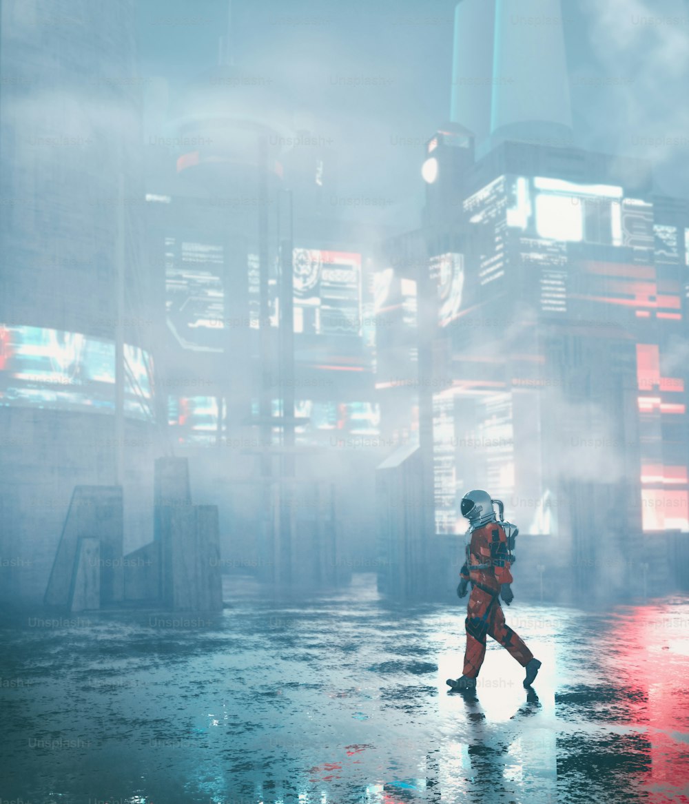 Cosmonaut walks in a dystopian city . Futuristic and sci fi concept . This is a 3d render illustration .