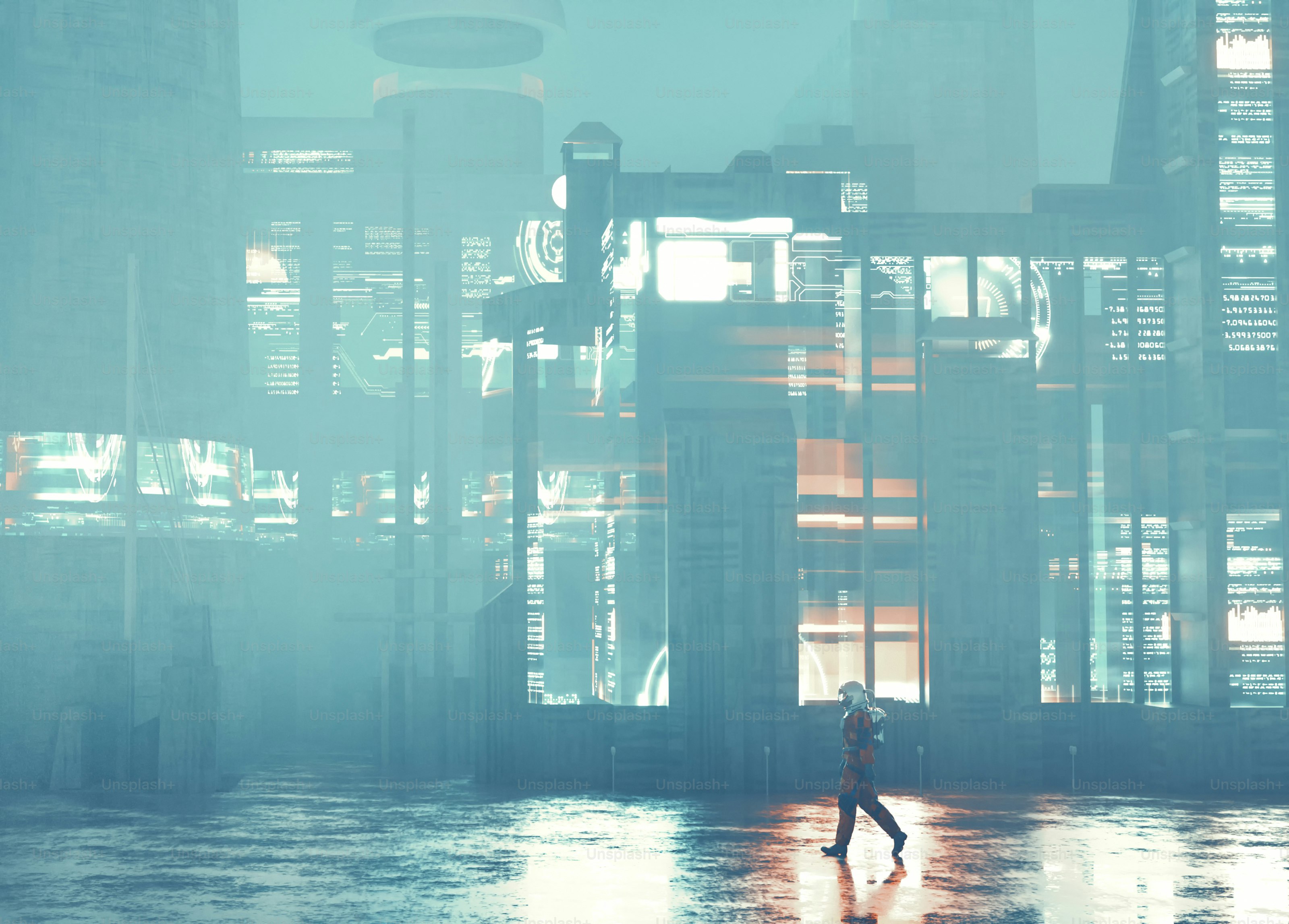 Cosmonaut walks in a dystopian city . Futuristic and sci fi concept . This is a 3d render illustration .