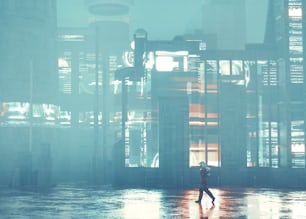 Cosmonaut walks in a dystopian city . Futuristic and sci fi concept . This is a 3d render illustration .