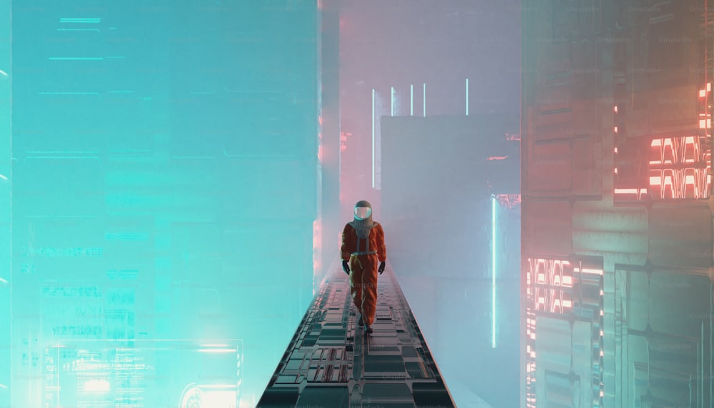 宇宙飛行士はディストピアの街を歩きます。未来的でSFのコンセプト。これは3Dレンダリングイラストです。