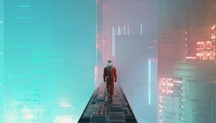 Cosmonaut walks in a dystopian city . Futuristic and sci fi concept . This is a 3d render illustration .