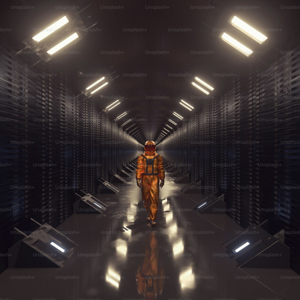 Astronaut walks in a futuristic dark tunnel . This is a 3d render illustration .