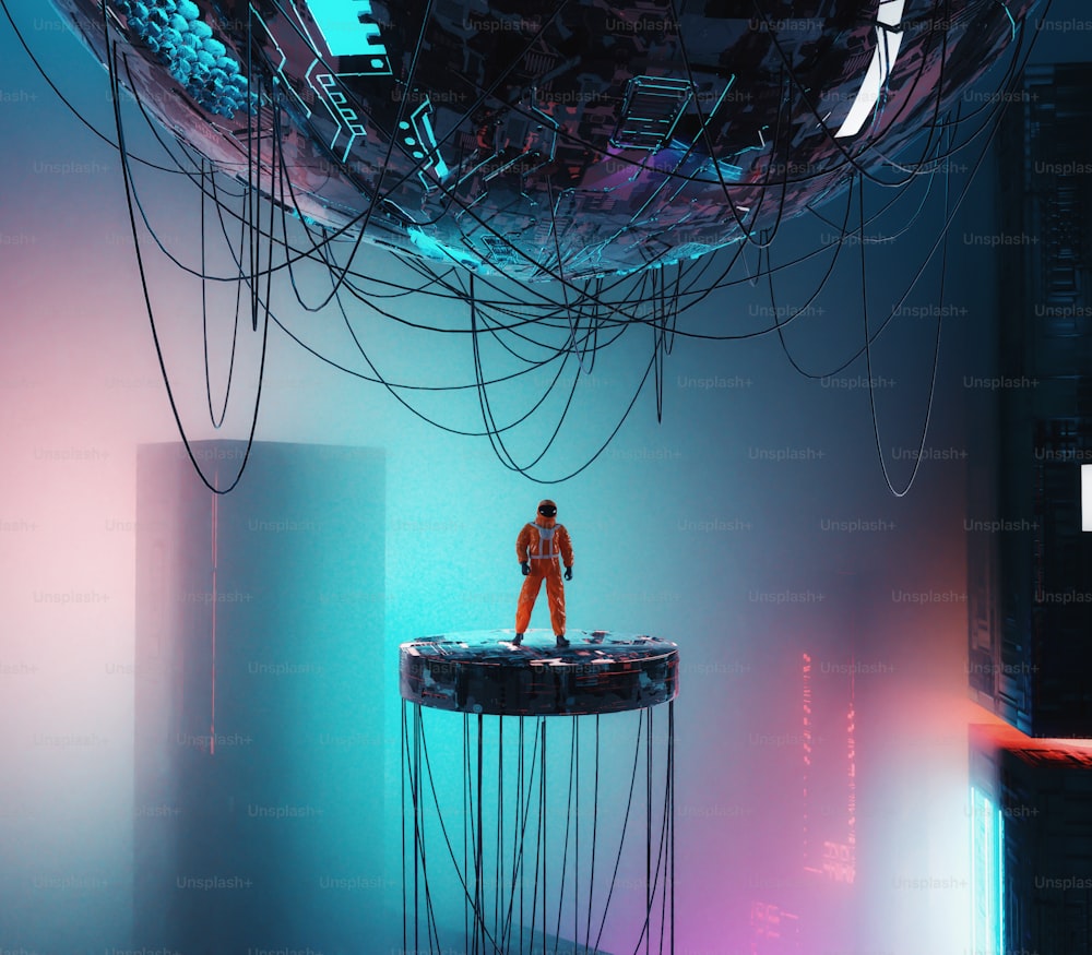 Astronaut steht auf einer futuristischen Plattform in einer nebligen dystopischen Stadt. Dies ist eine 3D-Render-Illustration .