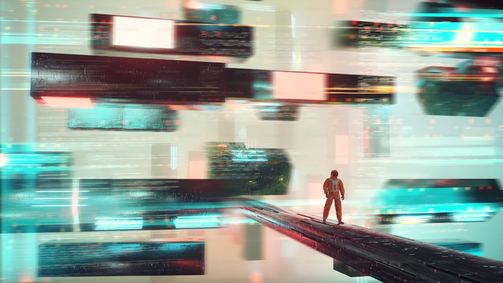 Cosmonaut in a futuristic dystopian city . Sci fi and virtual reality concept . This is a 3d render illustration .