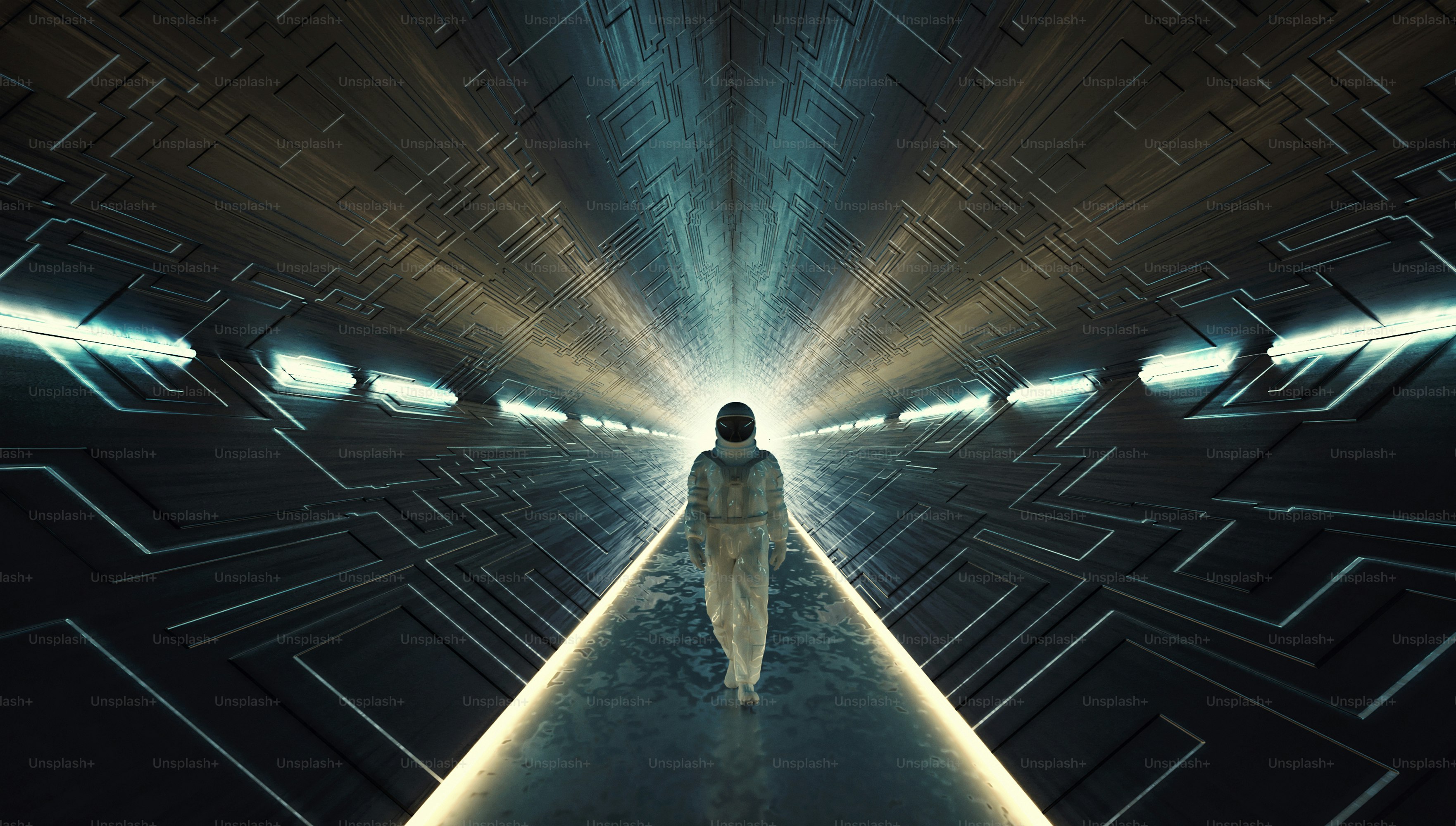 Astronaut walks in a futuristic dark tunnel . This is a 3d render illustration .