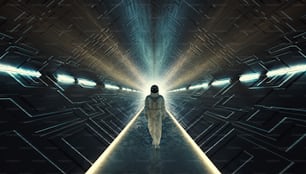 우주 비행사는 미래의 어두운 터널을 걷는다. 이것은 3D 렌더링 그림입니다.