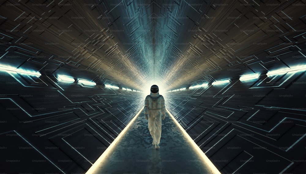 Astronaut walks in a futuristic dark tunnel . This is a 3d render illustration .