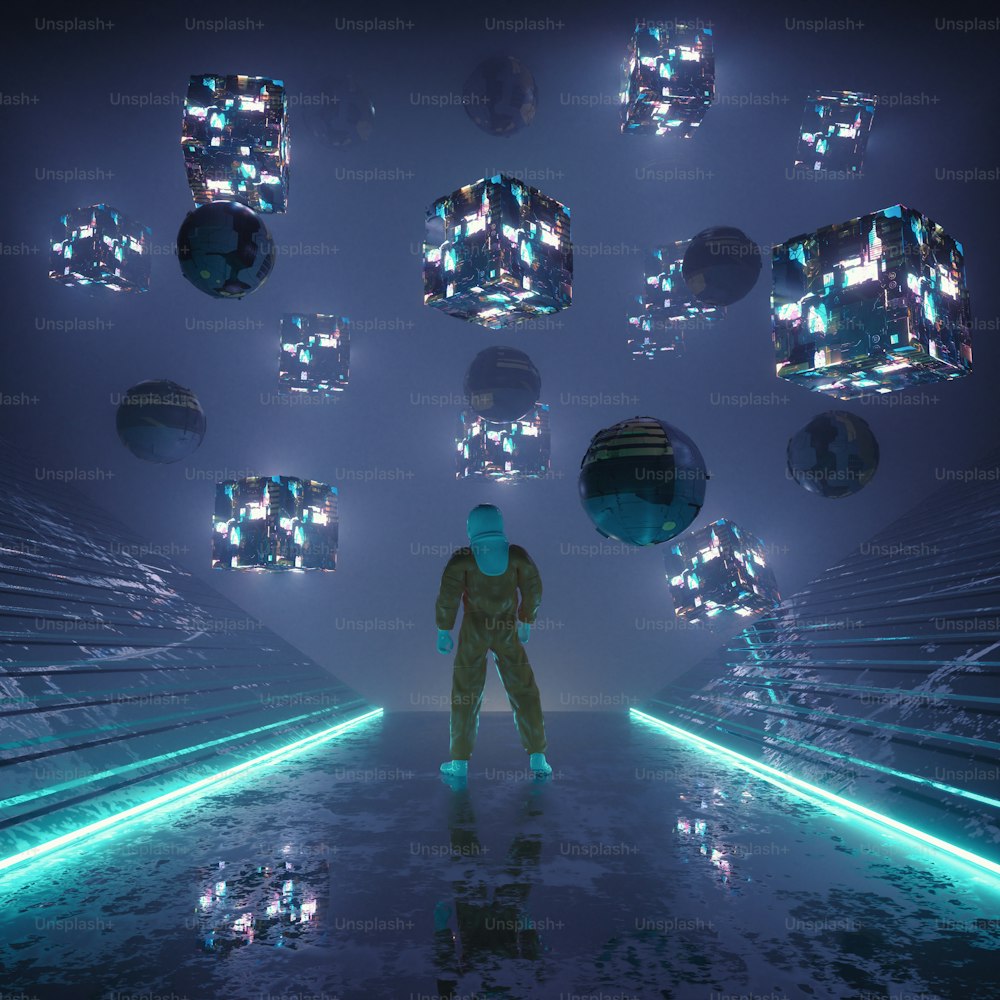 Cosmonauta in piedi sulla piattaforma che guarda strutture futuristiche. Concetto di fantasia e realtà virtuale. Questa è un'illustrazione di rendering 3d.