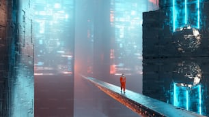 Astronauta em uma cidade futurista. Sci fi e conceito de fantasia . Esta é uma ilustração de renderização 3D.