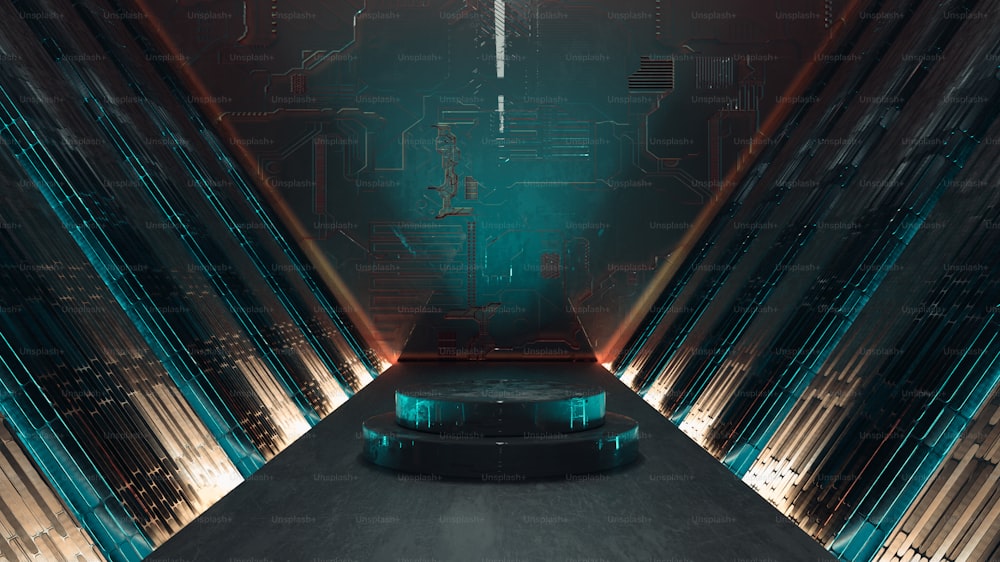 Platform in a futuristic and colorful background . This is a 3d render illustration .