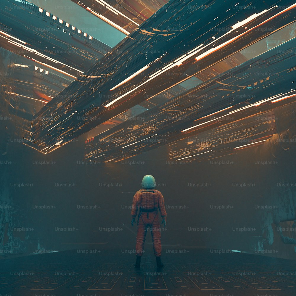 Astronauta em pé em uma cidade futurista com luzes de néon. Tecnologia do futuro e meta conceito. Esta é uma ilustração de renderização 3D.