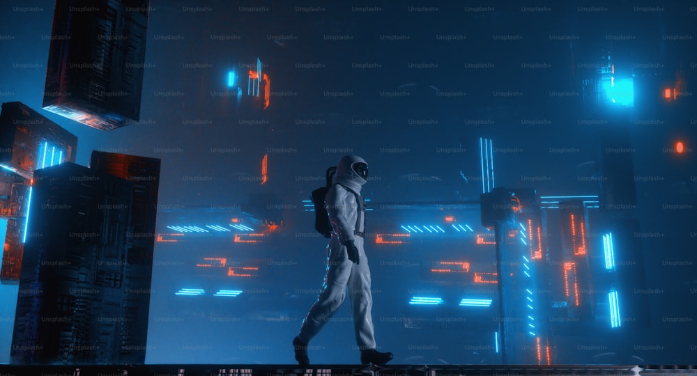 Astronauta cammina in una città futuristica con luci al neon. Tecnologia futura e meta concetto. Questa è un'illustrazione di rendering 3D.