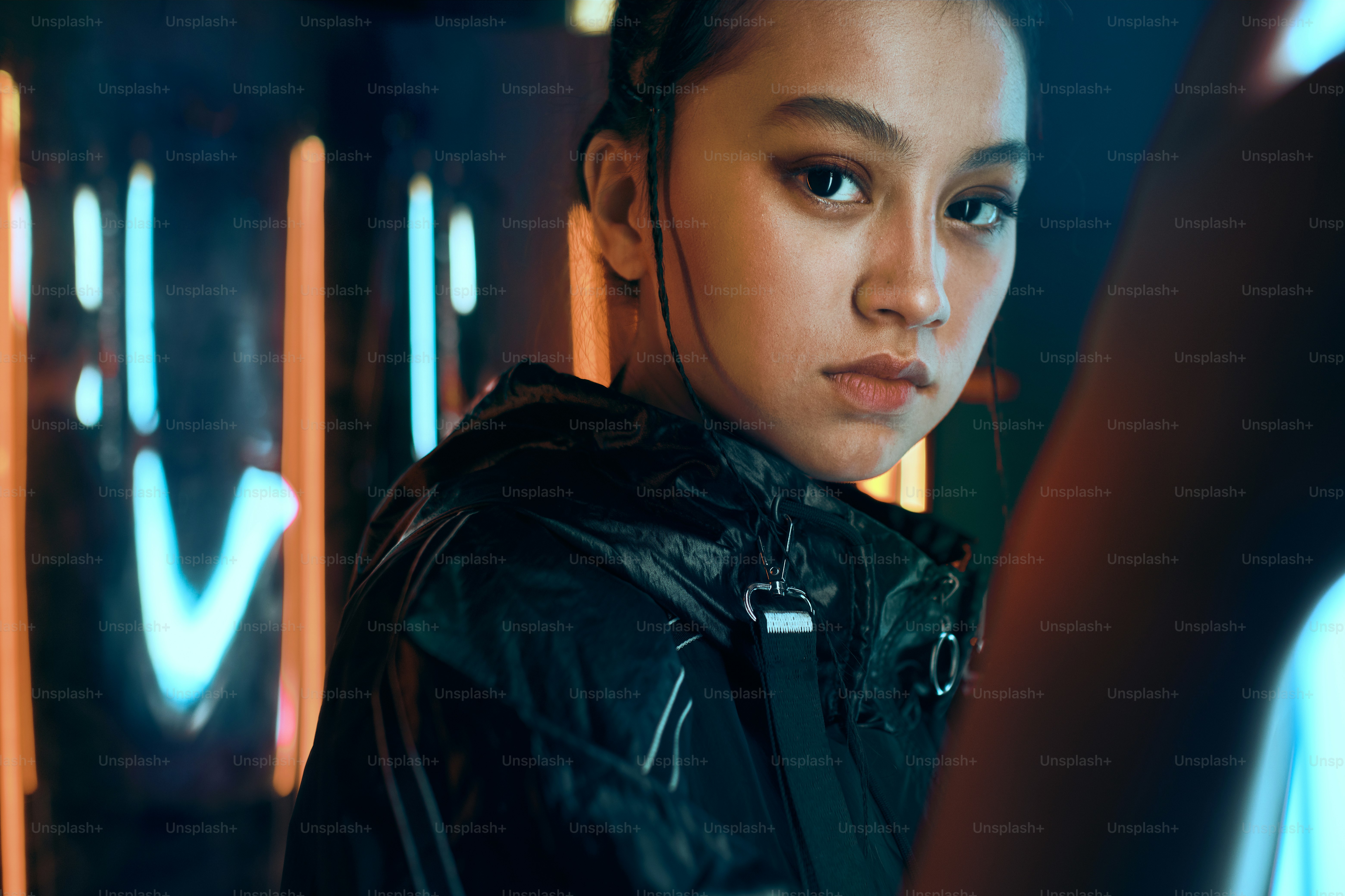 Futuristic portrait of asian teenager in neon light. She is seriour, daring, cyberpunk fashionable girl