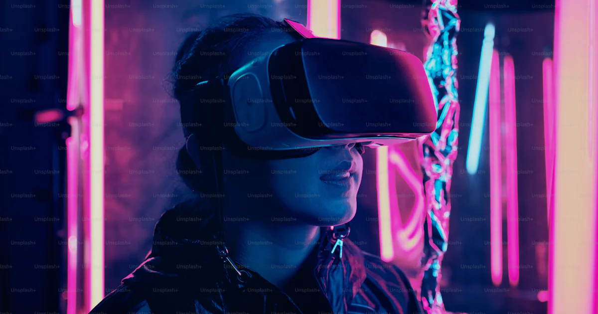 View Point Reality Portrait of young girl wearing Virtual Reality goggles. She is ...