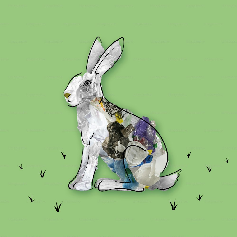 Hare. Contemporary conceptual art collage with painted animal filled with garbage and plastic waste over green background. Pollution, saving environment, ecology, world social and eco issues
