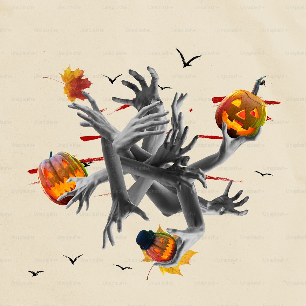 A lot of human hands and glowing pumpkins over light background. Contemporary art collage. Halloween holidays theme. Ideas, inspiration, party, ad. Surrealism. Happy Halloween banner. Spooky night