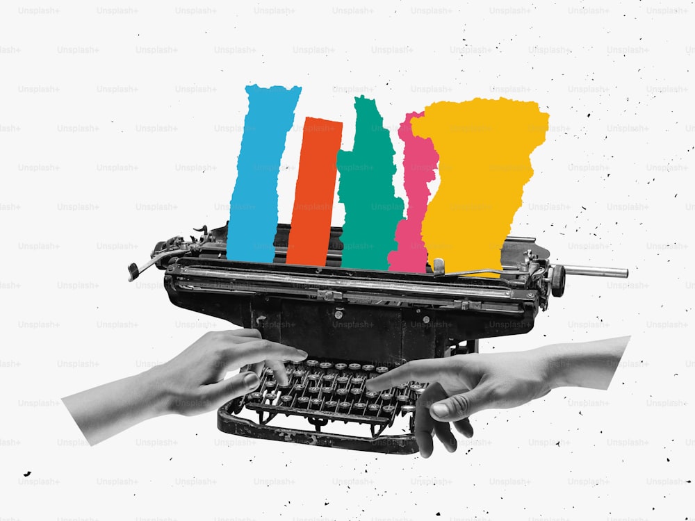 Colour thoughts. Creative process. Pop art collage. Female hand typing on retro typewriter isolated over white background. Vintage, retro 80s, 70s style. Bright colors. Copy space for ad, text
